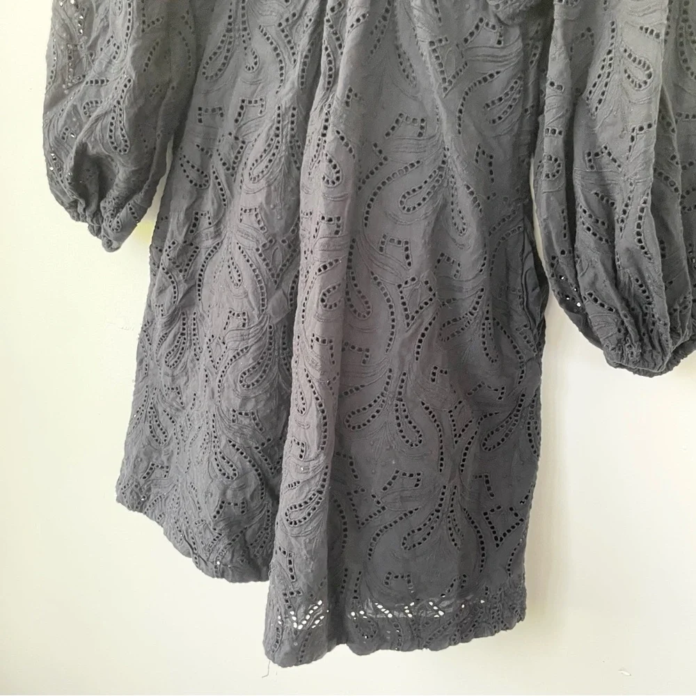 Banana Republic Eyelet Twist Mini Dress MT Med Tall Black Puff Sleeve Babydoll